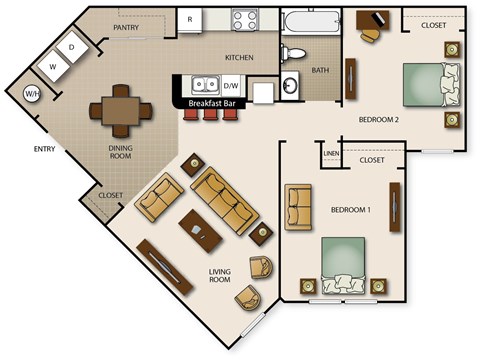 A floor plan of a two bedroom one bathroom apartment