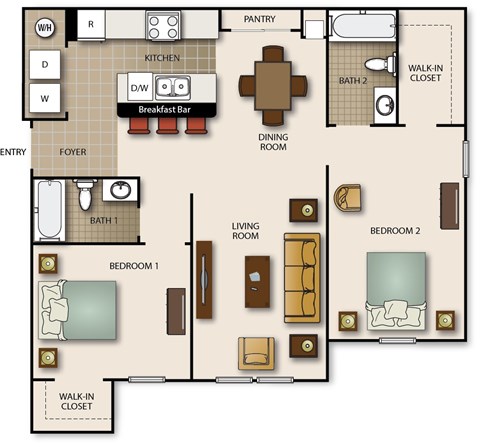 A floor plan of a house with a living room, dining room, kitchen, two bedrooms, a bathroom, a breakfast bar, and a pantry.