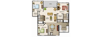 A floor plan of a house with three bedrooms, a living room, a dining area, a kitchen, a pantry, and two bathrooms.