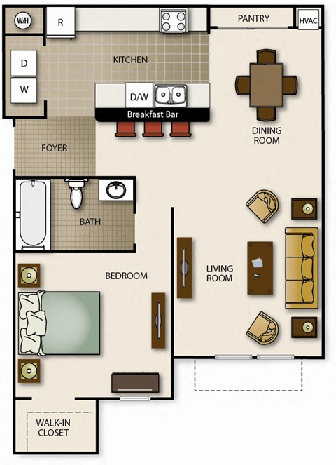 floor plan of one bed one bath unit