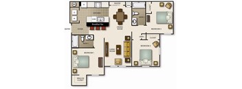 floor plan of three bed two bath unit