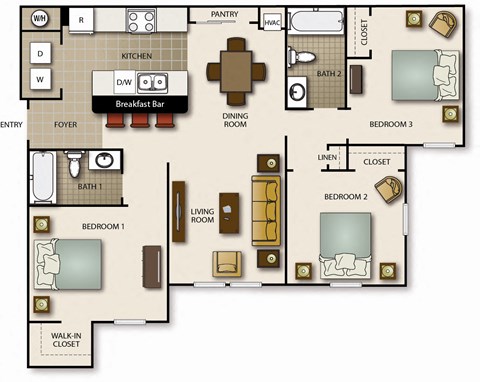 floor plan of three bed two bath unit
