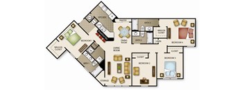 A floor plan of a house with four bedrooms, a living room, a dining room, a kitchen, a bathroom, a walk-in closet, and a storage area.