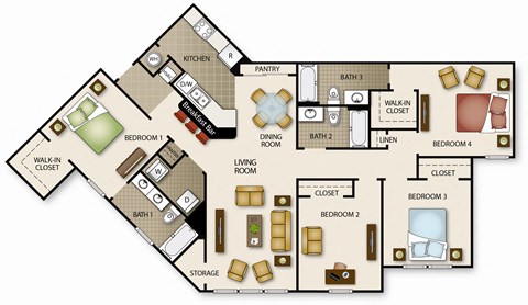 A floor plan of a house with four bedrooms, a living room, a dining room, a kitchen, a bathroom, a walk-in closet, and a storage area.