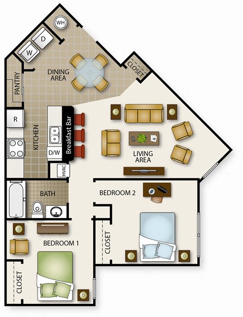 A floor plan of a house with two bedrooms, a living area, a kitchen, a pantry, a dining area, and a bathroom.