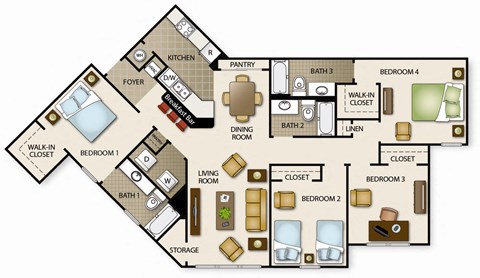 A floor plan of a house with a kitchen, living room, and four bedrooms.