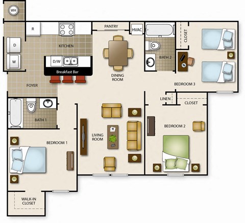 A floor plan of a house with a living room, dining room, kitchen, and three bedrooms.
