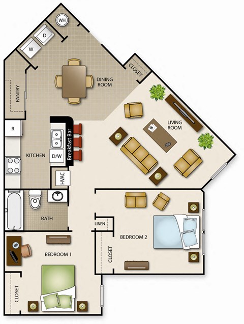 A floor plan of a house with two bedrooms, a living room, a dining room, a kitchen, a bathroom, and a pantry.