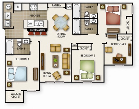 a floor plan of a house with bedrooms and a living room