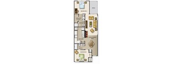 A floor plan of a two bedroom apartment with a living area and kitchen.