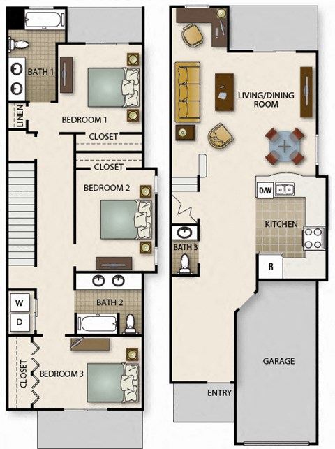 A floor plan of a house with three bedrooms, a living room, a kitchen, a garage, and a bathroom.