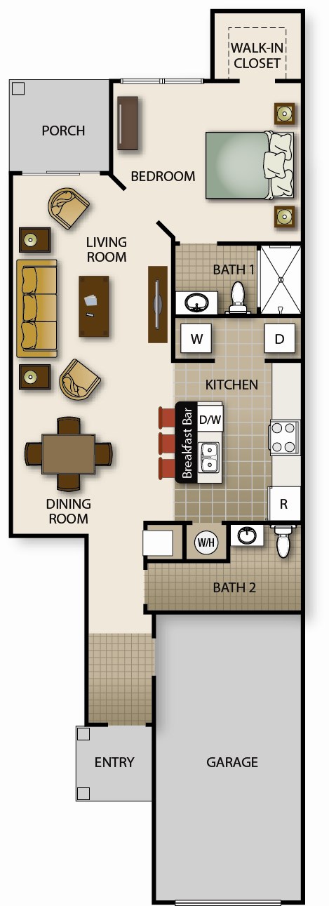 A floor plan of a house with a garage and a dining room.