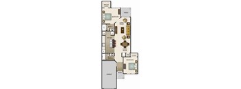 A floor plan of a house with two bedrooms, a living room, a dining room, a kitchen, a porch, a walk-in closet, and a garage.