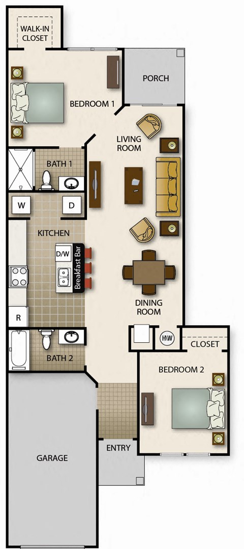 A floor plan of a house with two bedrooms, a living room, a dining room, a kitchen, a porch, a walk-in closet, and a garage.
