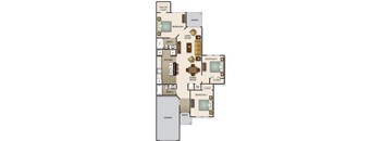 A floor plan of a house with a garage, two bedrooms, a living room, a dining room, a kitchen, and two bathrooms.