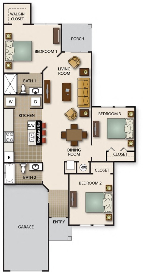A floor plan of a house with a garage, two bedrooms, a living room, a dining room, a kitchen, and two bathrooms.