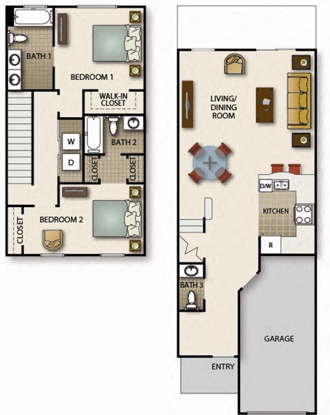 A floor plan of a house with three bedrooms, a living room, a dining room, a kitchen, a garage, and an entry.