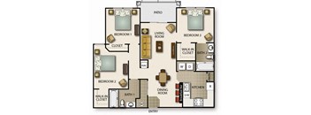 A floor plan of a house with a living room, three bedrooms, a patio, a dining room, a kitchen, a breakfast bar, and two bathrooms.