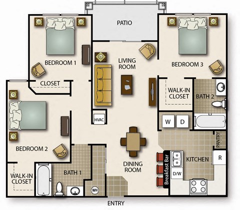 A floor plan of a house with a living room, three bedrooms, a patio, a dining room, a kitchen, a breakfast bar, and two bathrooms.
