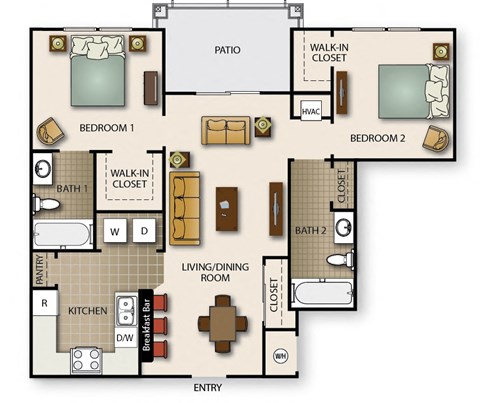 A floor plan of a house with two bedrooms, a living room, a kitchen, two bathrooms, a pantry, a walk-in closet, and a patio.