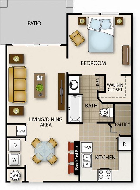 A floor plan of a house with a bedroom, living area, kitchen, and bathroom.