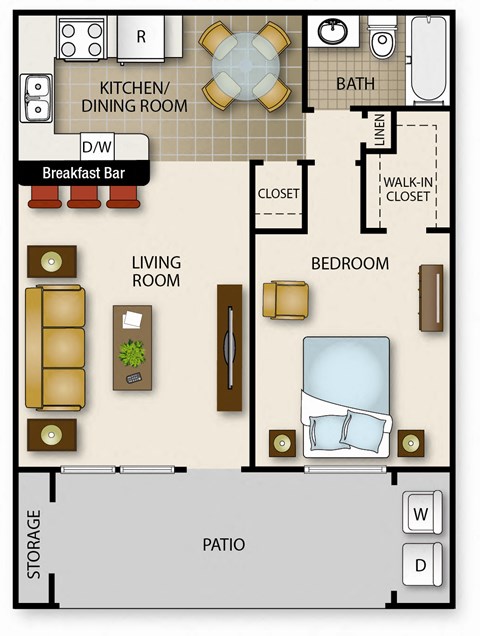 A floor plan of a house with a living room, dining room, kitchen, bedroom, and bathroom.