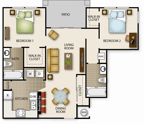 A floor plan of a house with two bedrooms, a living room, a dining room, a kitchen, a bathroom, a pantry, and a patio.
