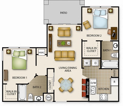 A floor plan of a house with two bedrooms, a living area, a kitchen, and a patio.