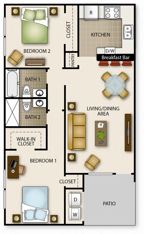 A floor plan of a house with two bedrooms, a patio, a kitchen, a living/dining area, and a breakfast bar.