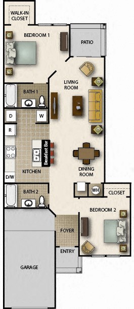 a floor plan of a small house with bedrooms and a living room and a kitchen
