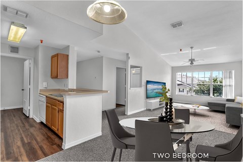 A two bedroom apartment with a kitchen and living room.