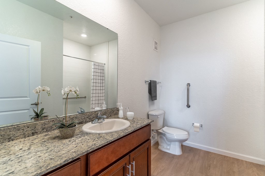 a bathroom with a large mirror and a sink and a toilet