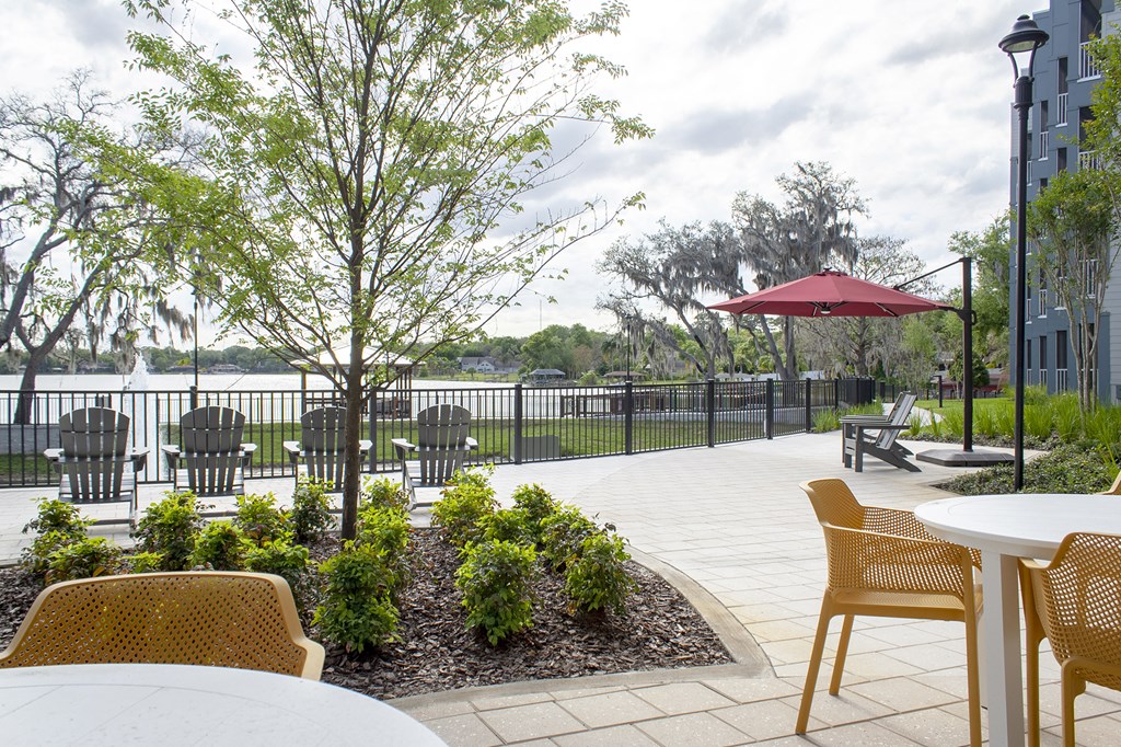 Seating area by lake