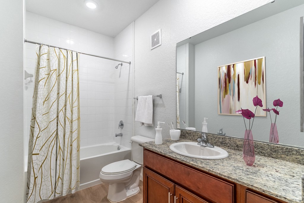 a bathroom with a sink and a shower and a toilet
