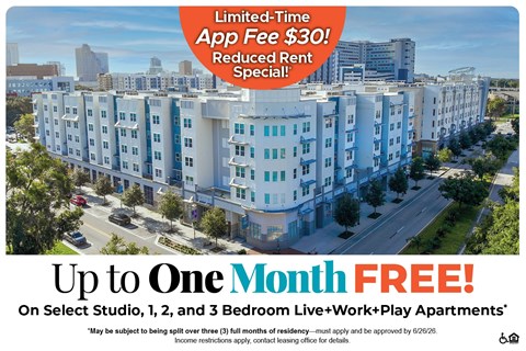 A large apartment complex advertises a limited-time app fee of $30 and a reduced rent special.