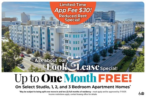 A promotional image for a lease special offering up to one month free on select studio, 1, 2, and 3 bedroom apartment homes.