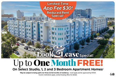 A promotional image for a lease special offering up to one month free on select studio, 1, 2 and 3 bedroom apartment homes.