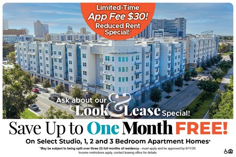 A promotional image for a lease special offering up to one month free on select studio, 1, 2 and 3 bedroom apartment homes.