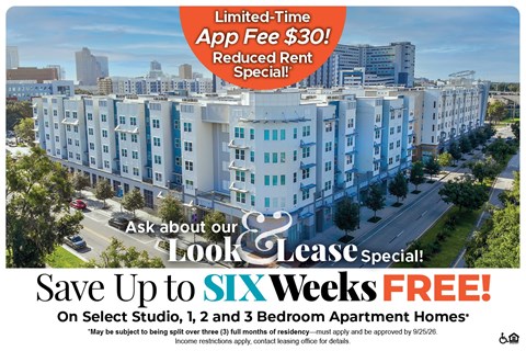 A promotional image for a limited-time app fee offer and a free lease special for up to six weeks.