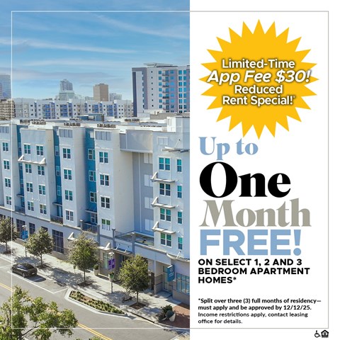 An advertisement for a limited-time app fee reduction for renting a bedroom apartment.