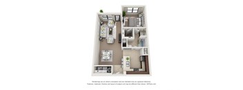 a stylized floor plan with a bedroom and a living room