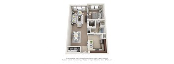 a stylized floor plan of a 1 bedroom apartment