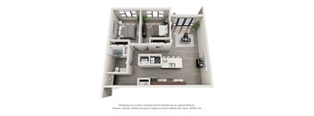 A 3D floor plan of a small apartment with a kitchen, living room, and bedroom.