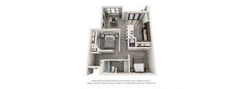 A 3D floor plan of a small apartment with a kitchen, living room, and bedroom.