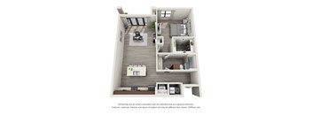 A 3D floor plan of a small apartment with a kitchen, living room, and bedroom.