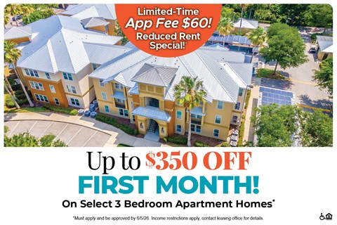 An advertisement for a limited-time app fee of $60 and a $350 discount on the first month for select 3 bedroom apartment homes.