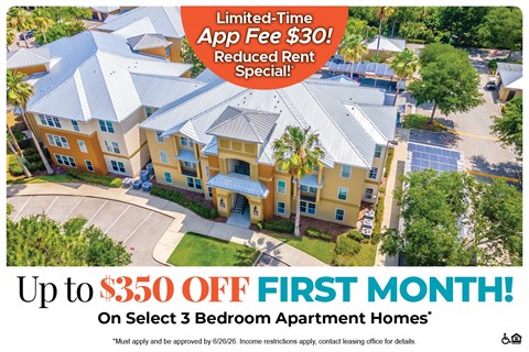 An advertisement for a limited-time app fee of $30 and up to $350 off the first month on select 3 bedroom apartment homes.