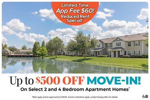 A promotional image for a limited-time app fee reduction and move-in special for select 2 and 4 bedroom apartment homes.