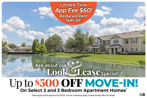 A promotional image for a lease special offering up to $500 off on select 2 and 3 bedroom apartment homes.