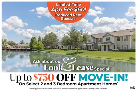 A promotional image for a limited-time app fee reduction and a move-in special for apartment homes.